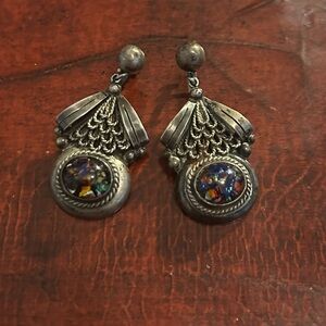 VTG Taxco Mexico Screwback Earrings Dragon’s Breath Foil Glass Sterling Silver